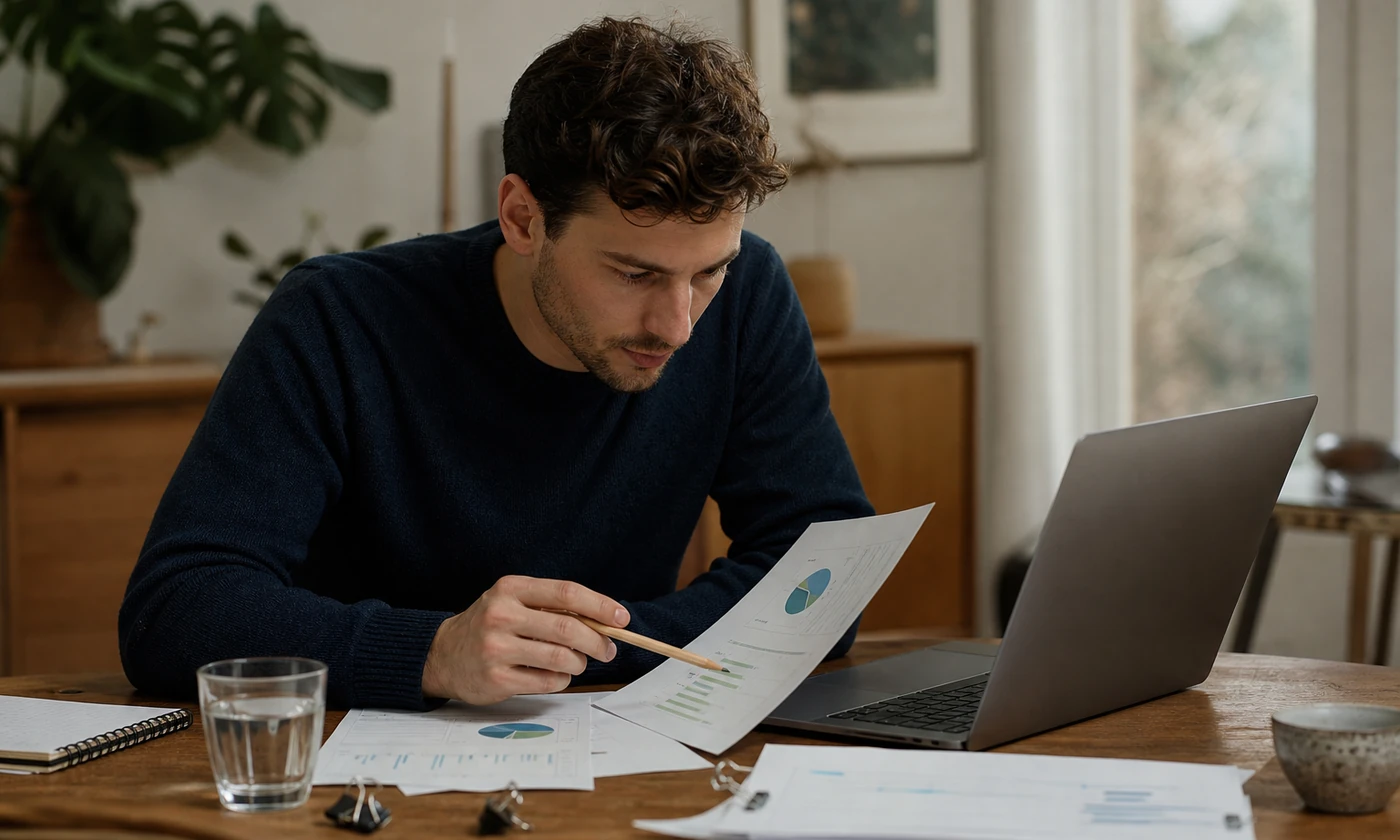 Mężczyzna porównujący wydrukowany raport PDF z analizą na laptopie